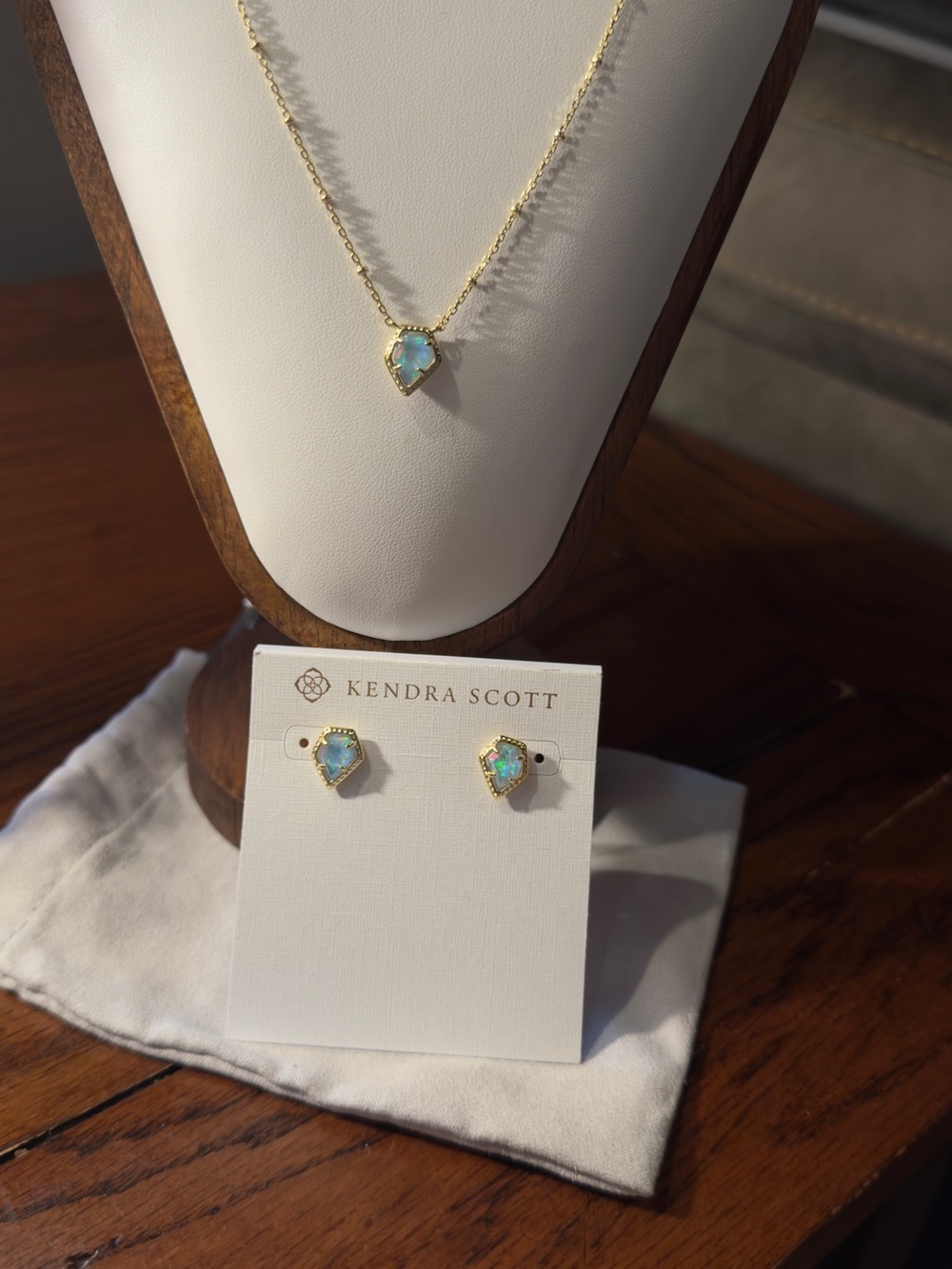 Kendra Scott Gold Opalized Blue Teardrop Necklace and Stud Earrings Set